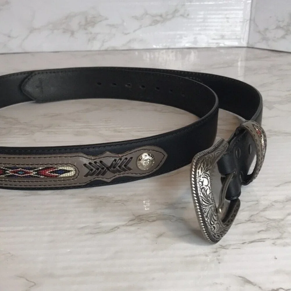 Western Southwestern Inlay Leather‎ Belt Black Size 44